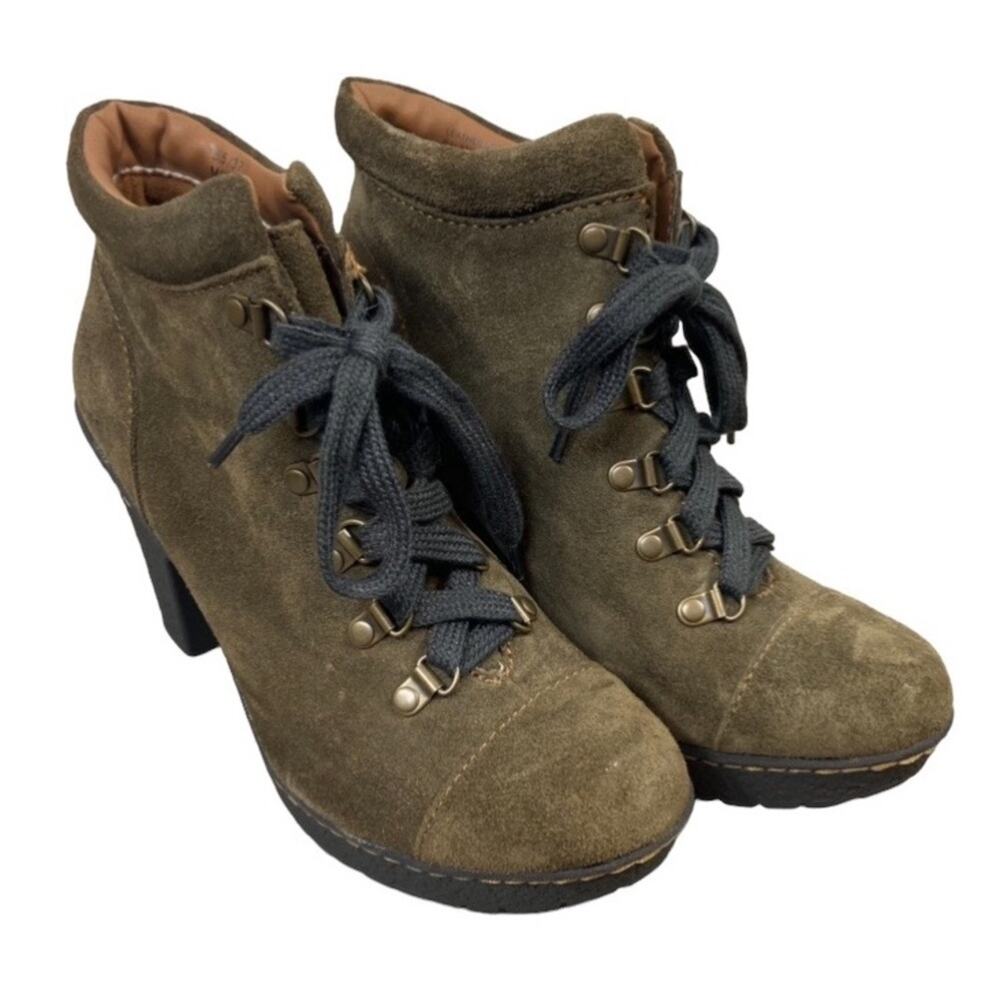B.O.C NWOT SZ 6.5 Olive Green Genuine Leather Suede Lace Up Heeled Ankle Booties